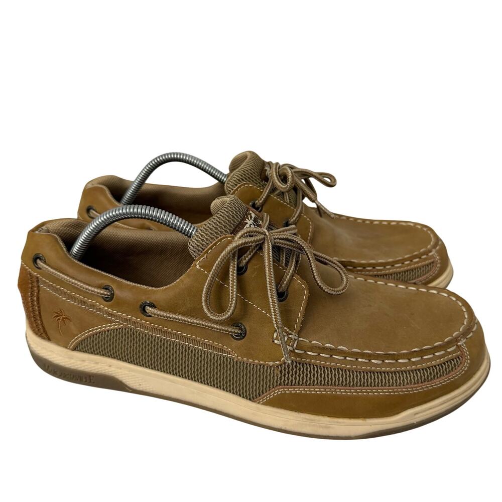 Margaritaville Boat Shoes Mens Size 12 Anchor Lace Brown Leather Slip On Casual